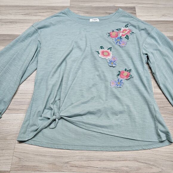 UMGEE Womens Pastel Green Floral Patch Wide Flowy Sleeve Knot Cotton Shirt Small - Picture 3 of 9